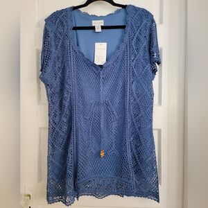 Soft Surroundings Blue Crochet Short Sleeve Top